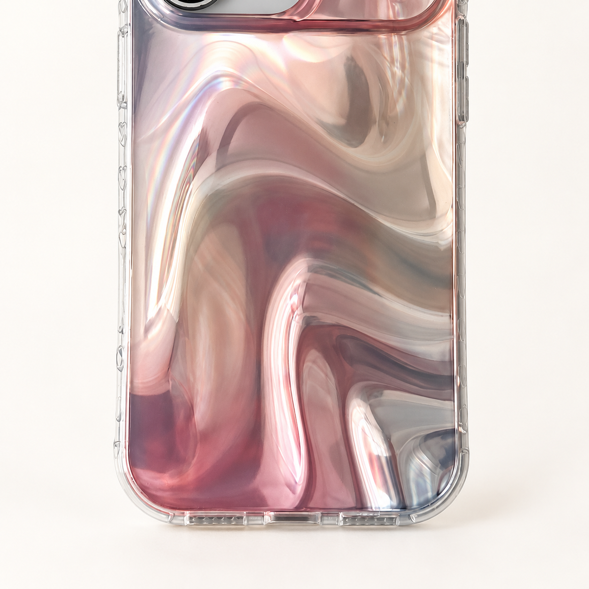 Close-up of the lower Iridescent Rose swirl pattern and clear case corner.