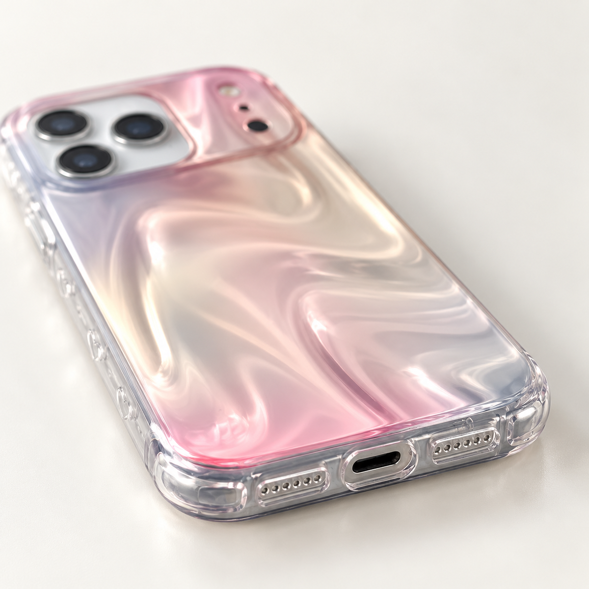 Low-angle close-up of the Iridescent Rose case’s lower edge and central charging opening.
