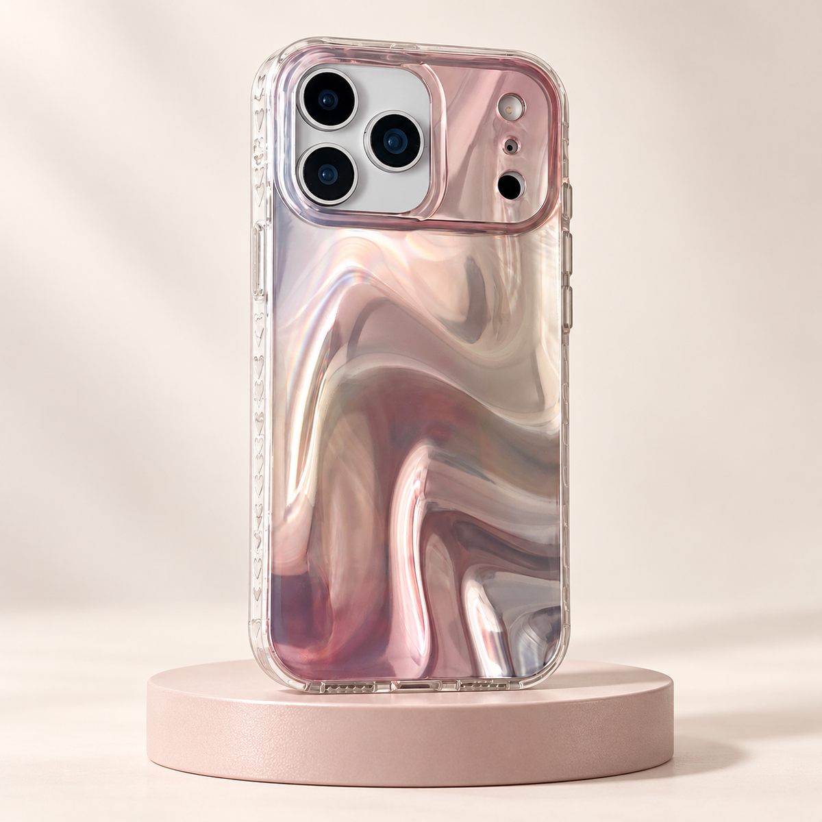 Iridescent Rose case displayed upright on a pale dusty-rose pedestal.