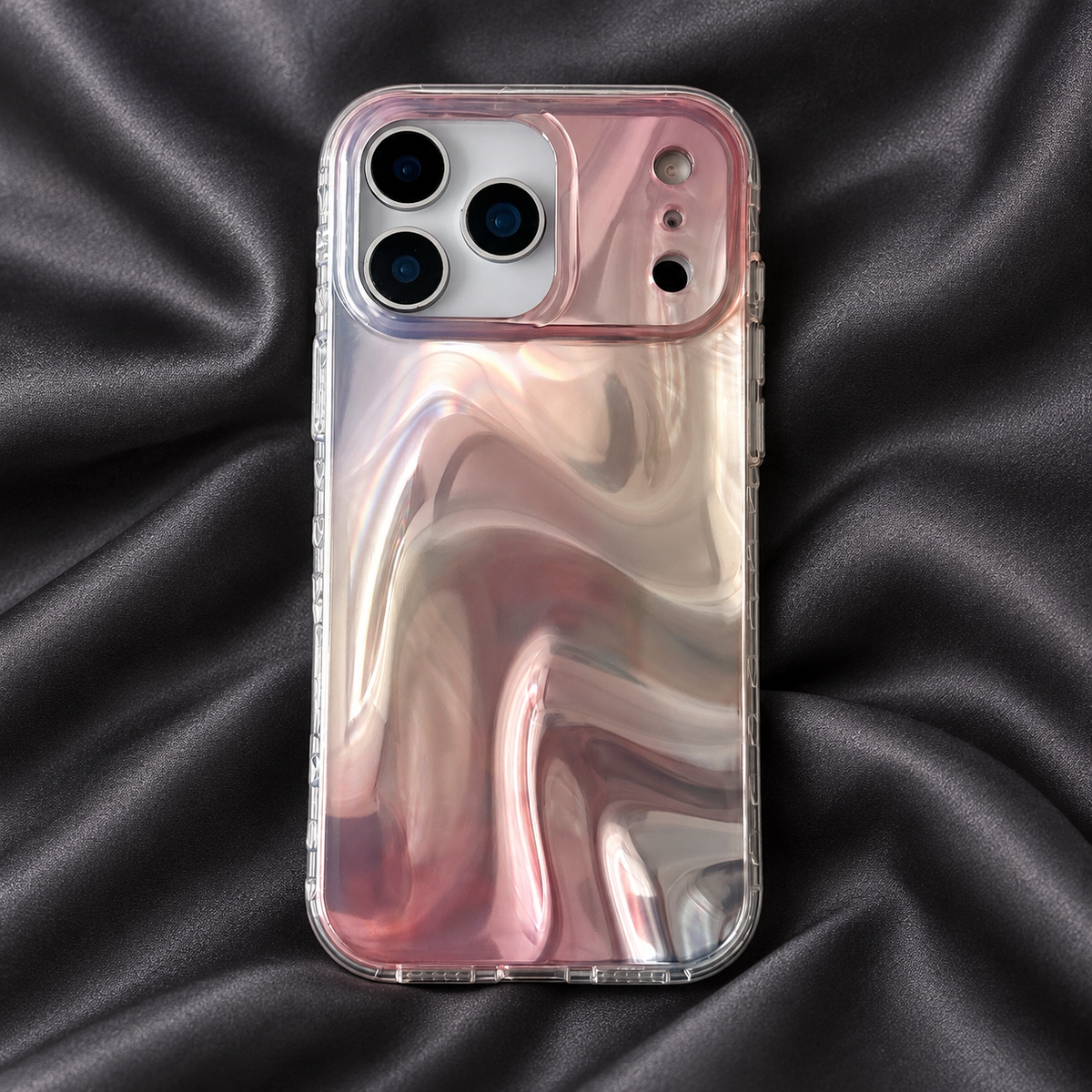 Iridescent Rose case shown in full against softly draped charcoal fabric.