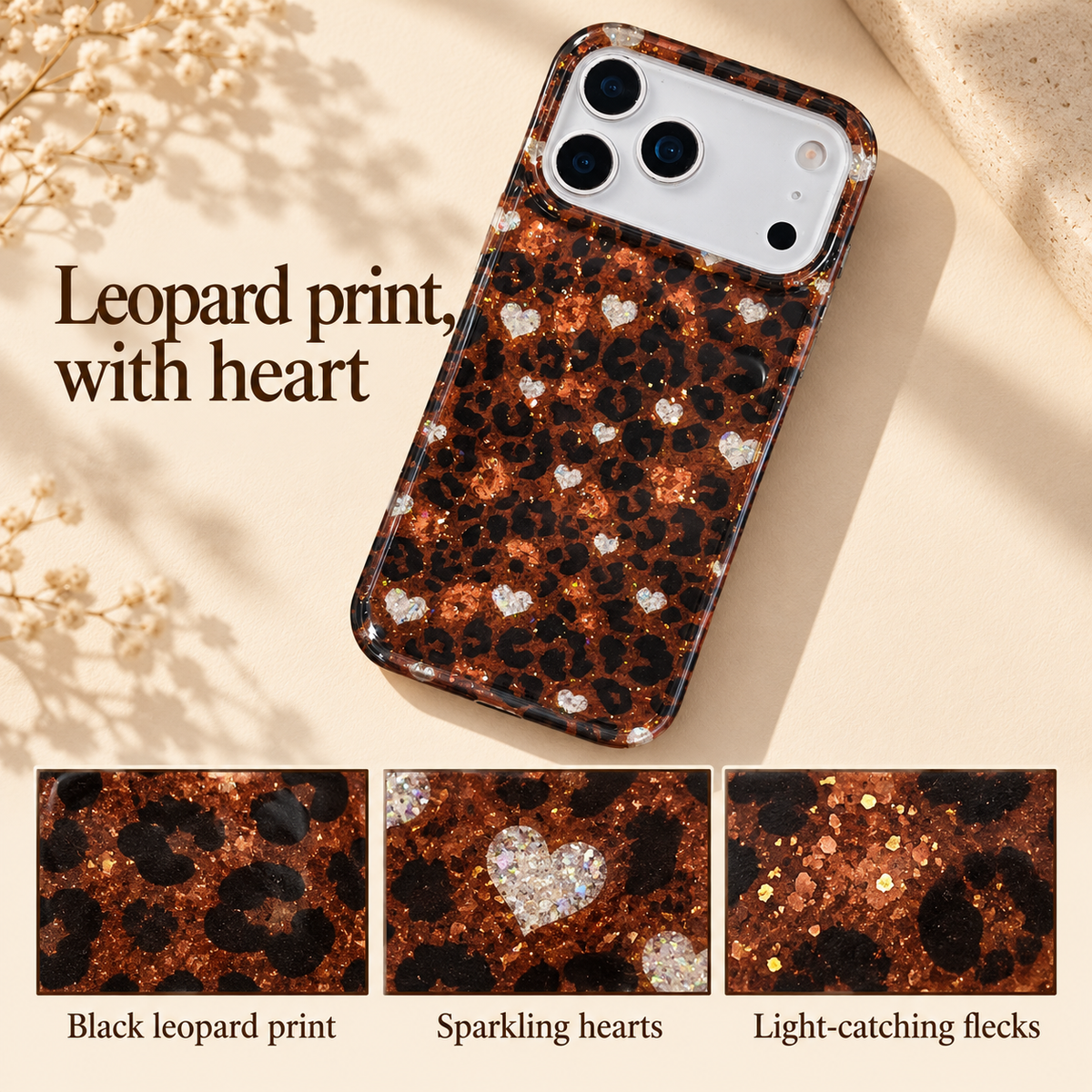 Amber Leopard Heart design guide with a complete case and three rectangular details of the leopard print, hearts and light-catching flecks.