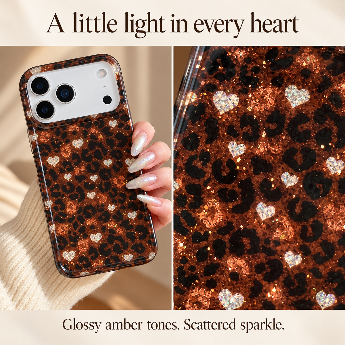 Amber Leopard Heart finish panel pairing a complete handheld case with a rectangular close-up of the glossy print and sparkling accents.