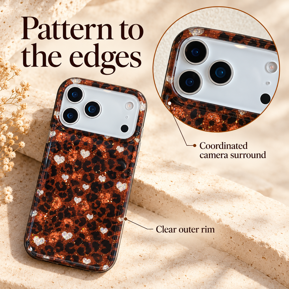 Amber Leopard Heart case with a circular close-up of the coordinated camera surround and clear outer rim.