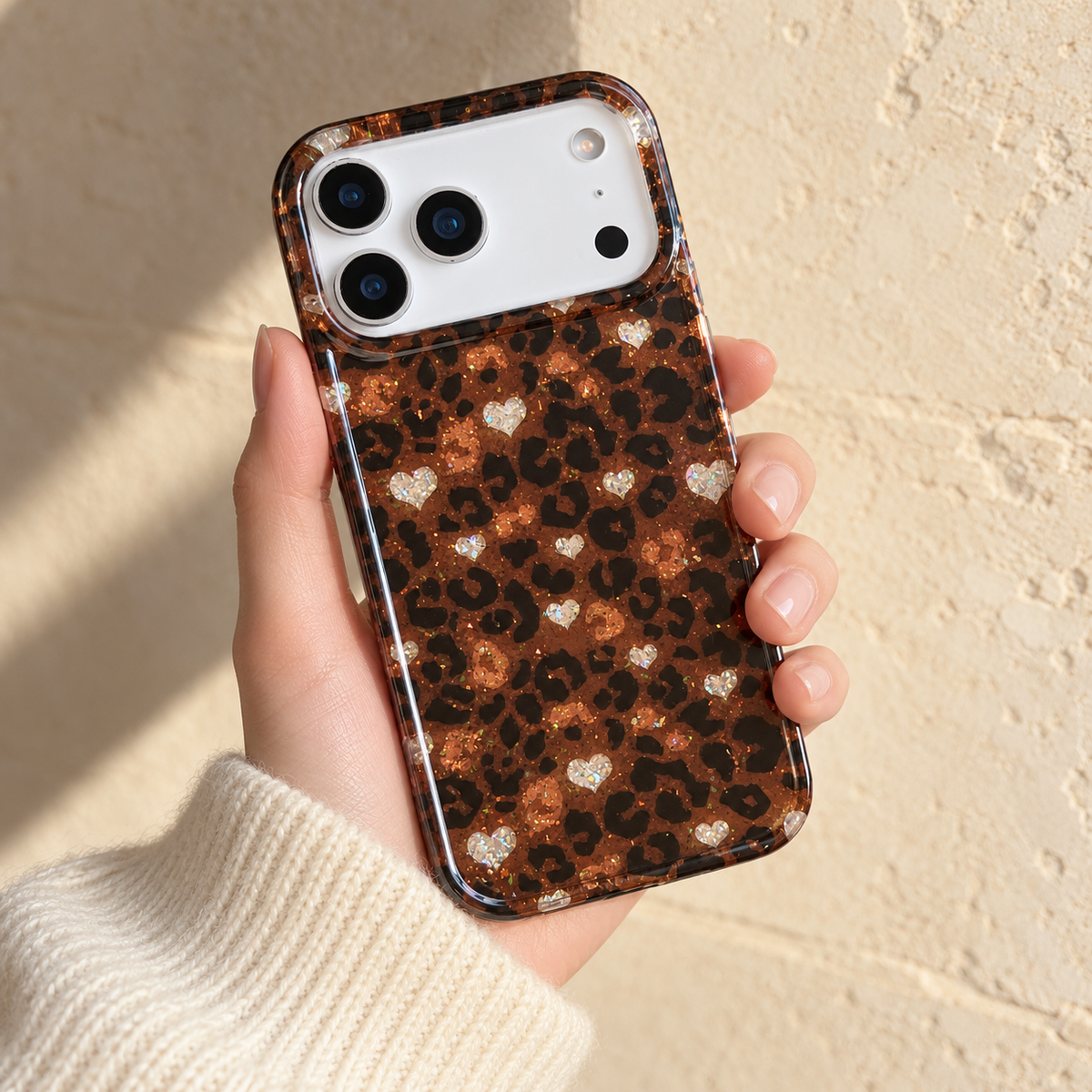 Amber Leopard Heart case held at a gentle angle against a warm stone background.