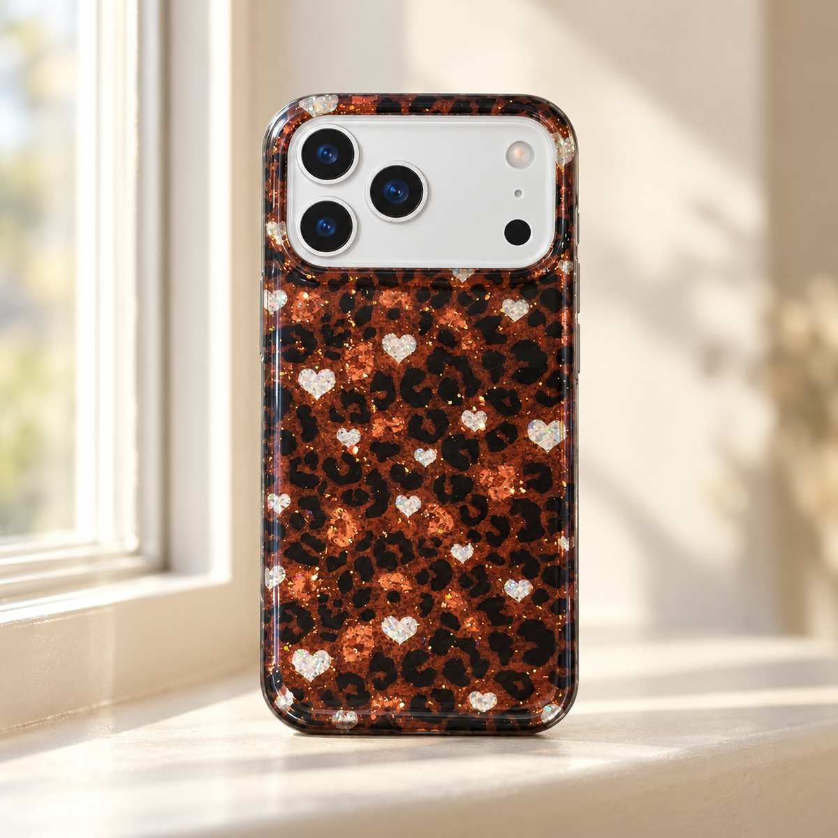 Amber Leopard Heart case standing on an ivory windowsill in natural light.