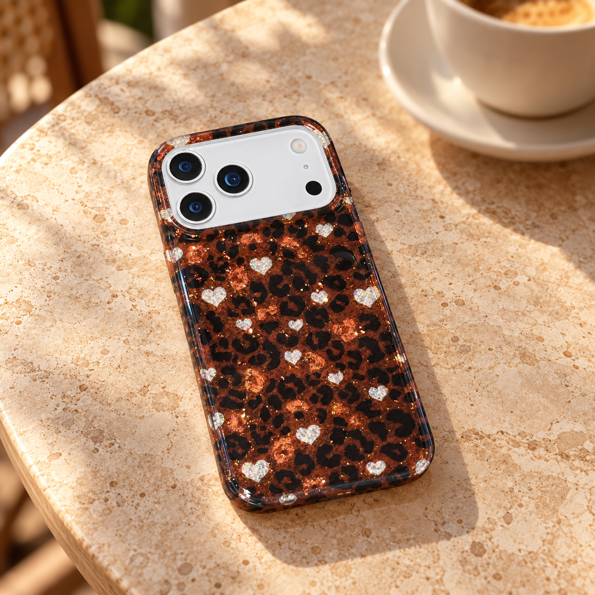 Amber Leopard Heart case on a pale stone café table with a softly blurred cup in the background.