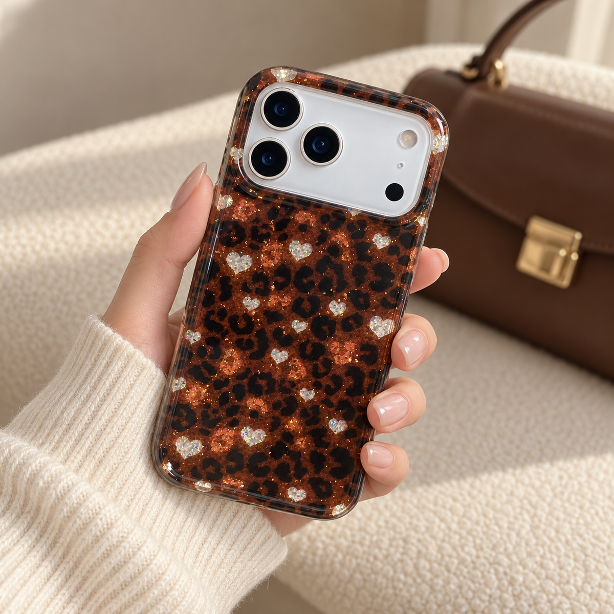 Amber Leopard Heart case held above a cocoa-coloured bag on a cream bench.