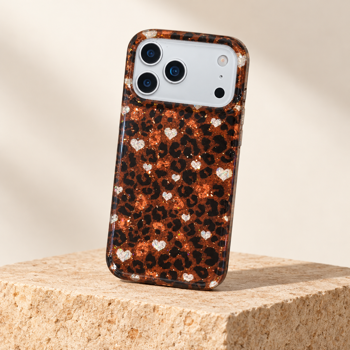Amber Leopard Heart case displayed upright on a warm sand-coloured stone pedestal.
