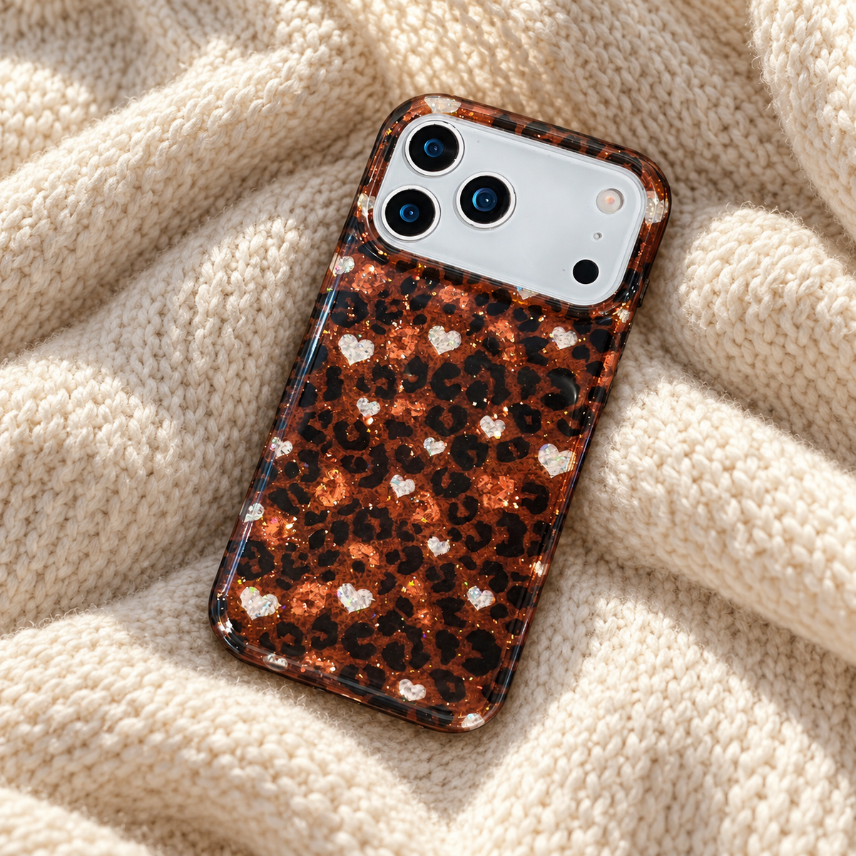 Amber Leopard Heart case resting diagonally on softly folded cream knit fabric.