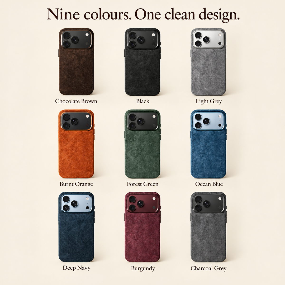 Nine-colour comparison showing Chocolate Brown, Black, Light Grey, Burnt Orange, Forest Green, Ocean Blue, Deep Navy, Burgundy and Charcoal Grey suede-look cases.