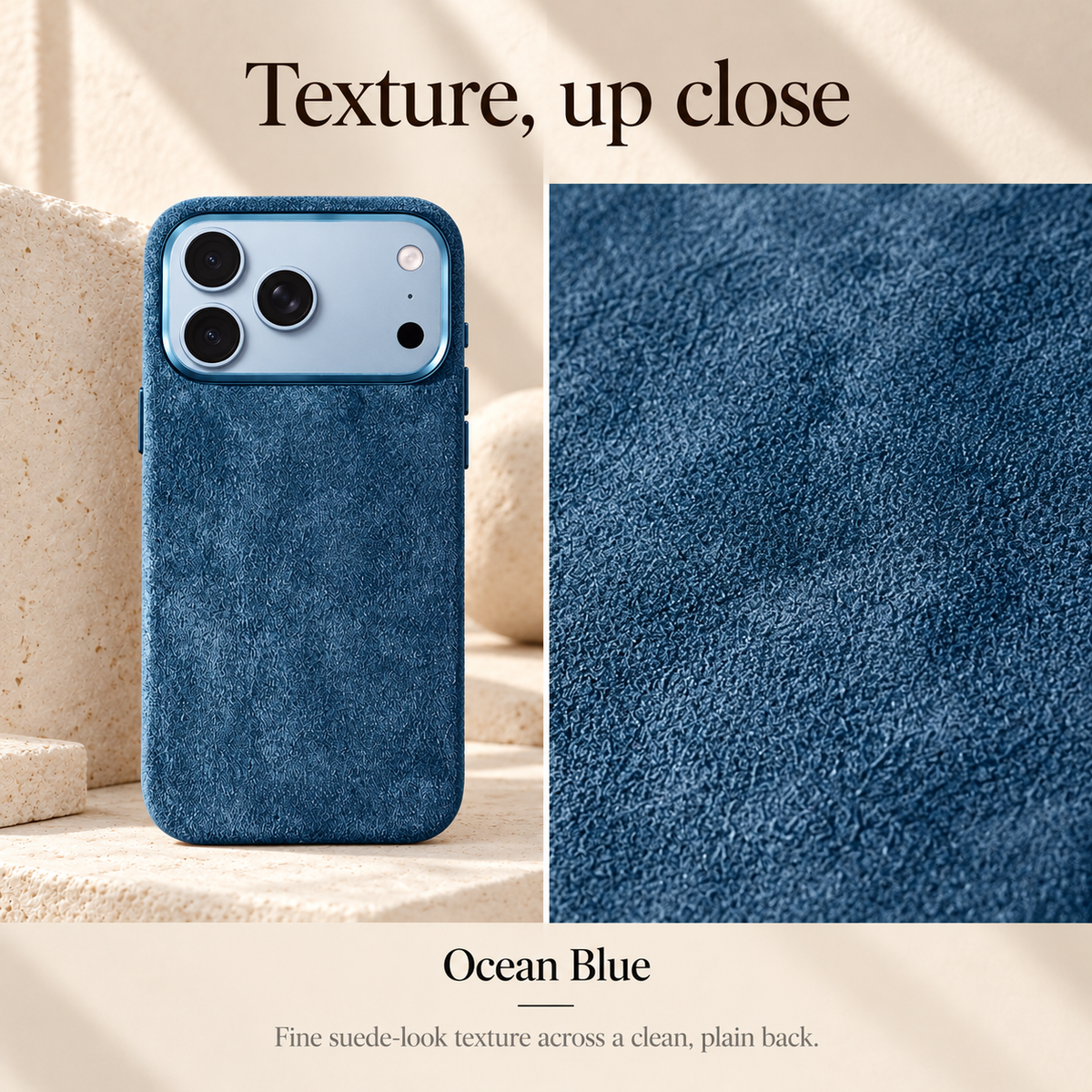 Ocean Blue case shown in a split photographic texture panel with its full silhouette and a rectangular close-up of the fine suede-look finish.