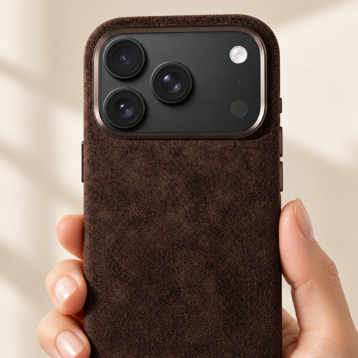Chocolate Brown suede-look textured iPhone case in a close view of its native camera surround and rear finish.