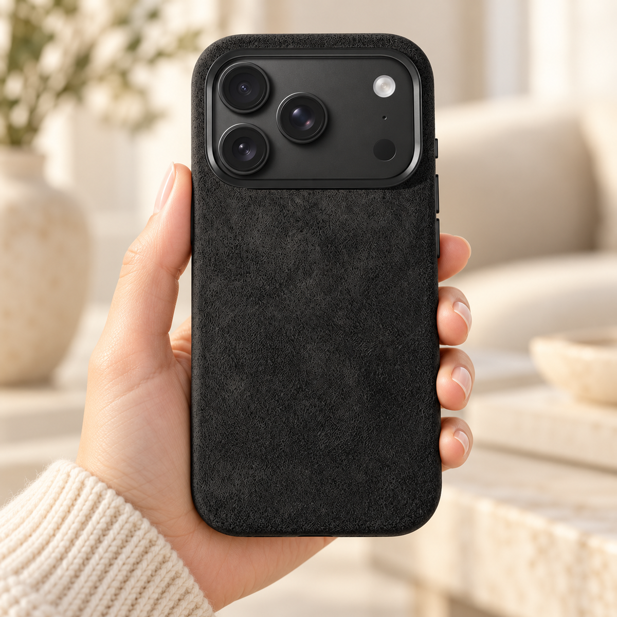 Black suede-look textured iPhone case held in a hand against a softly lit cream interior.