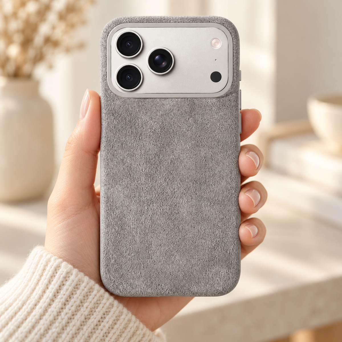 Light Grey suede-look textured iPhone case held in a hand against a softly lit cream interior.