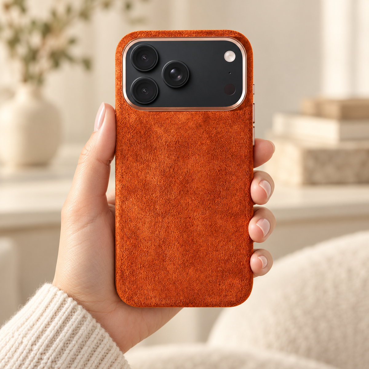 Burnt Orange suede-look textured iPhone case held in a hand against a softly lit cream interior.