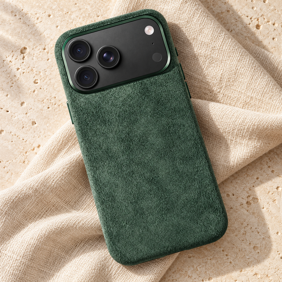 Forest Green suede-look textured iPhone case in a diagonal flatlay on oatmeal linen and cream stone.