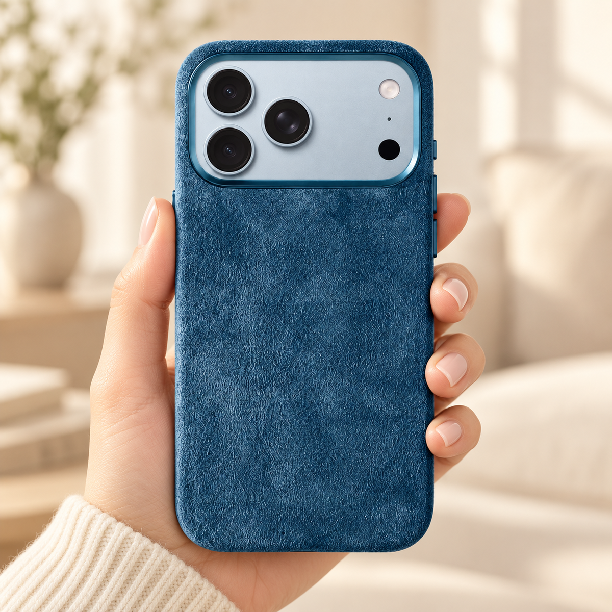 Ocean Blue suede-look textured iPhone case held in a hand against a softly lit cream interior.