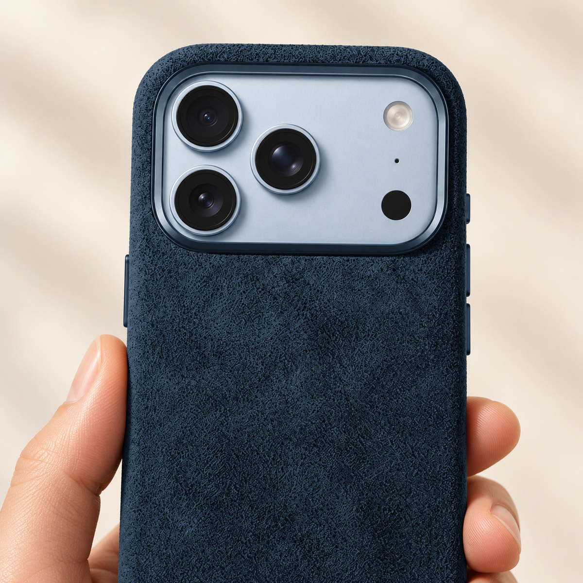 Deep Navy suede-look textured iPhone case in a close view of its native camera surround and rear finish.