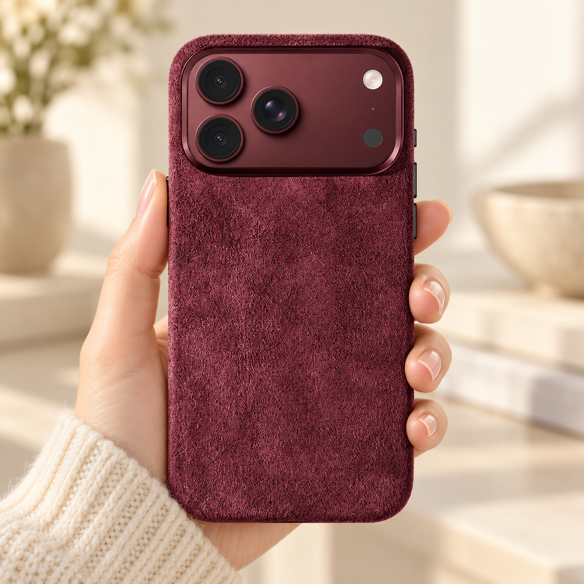 Burgundy suede-look textured iPhone case held in a hand against a softly lit cream interior.
