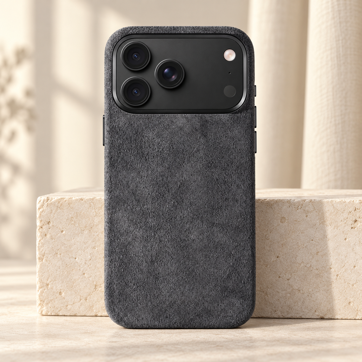 Charcoal Grey suede-look textured iPhone case shown upright beside a pale stone block.