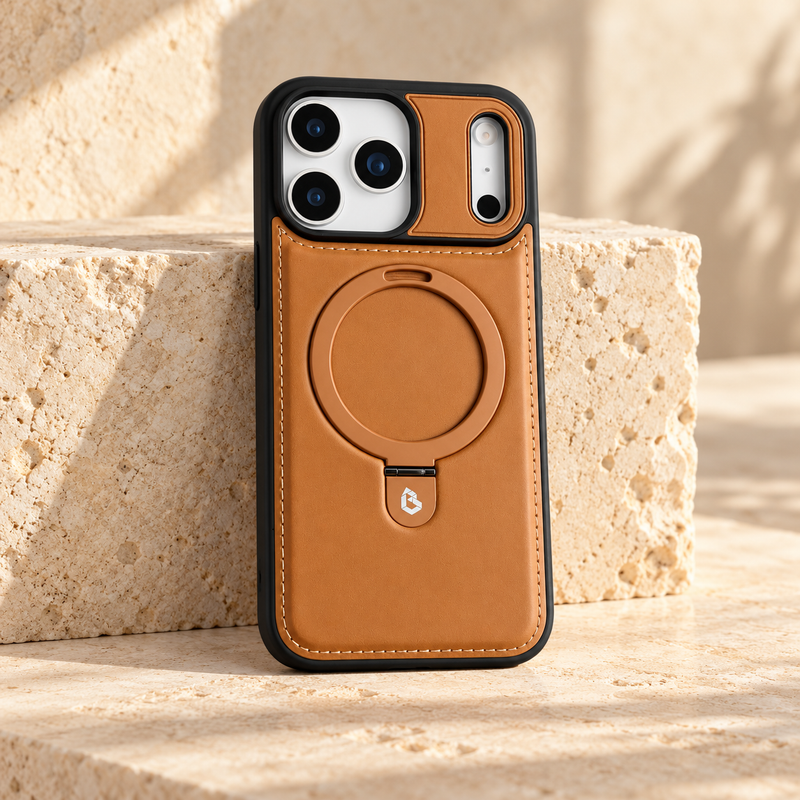 Tan stitched leather-look iPhone case with its circular ring folded flat, shown on a cream stone surface.