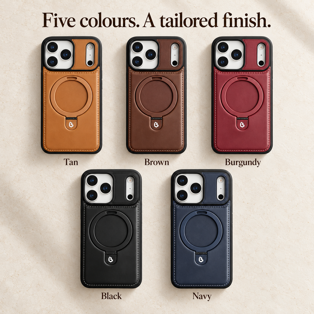 Five-colour guide showing Tan, Brown, Burgundy, Black and Navy stitched ring-stand cases with the rings folded flat.