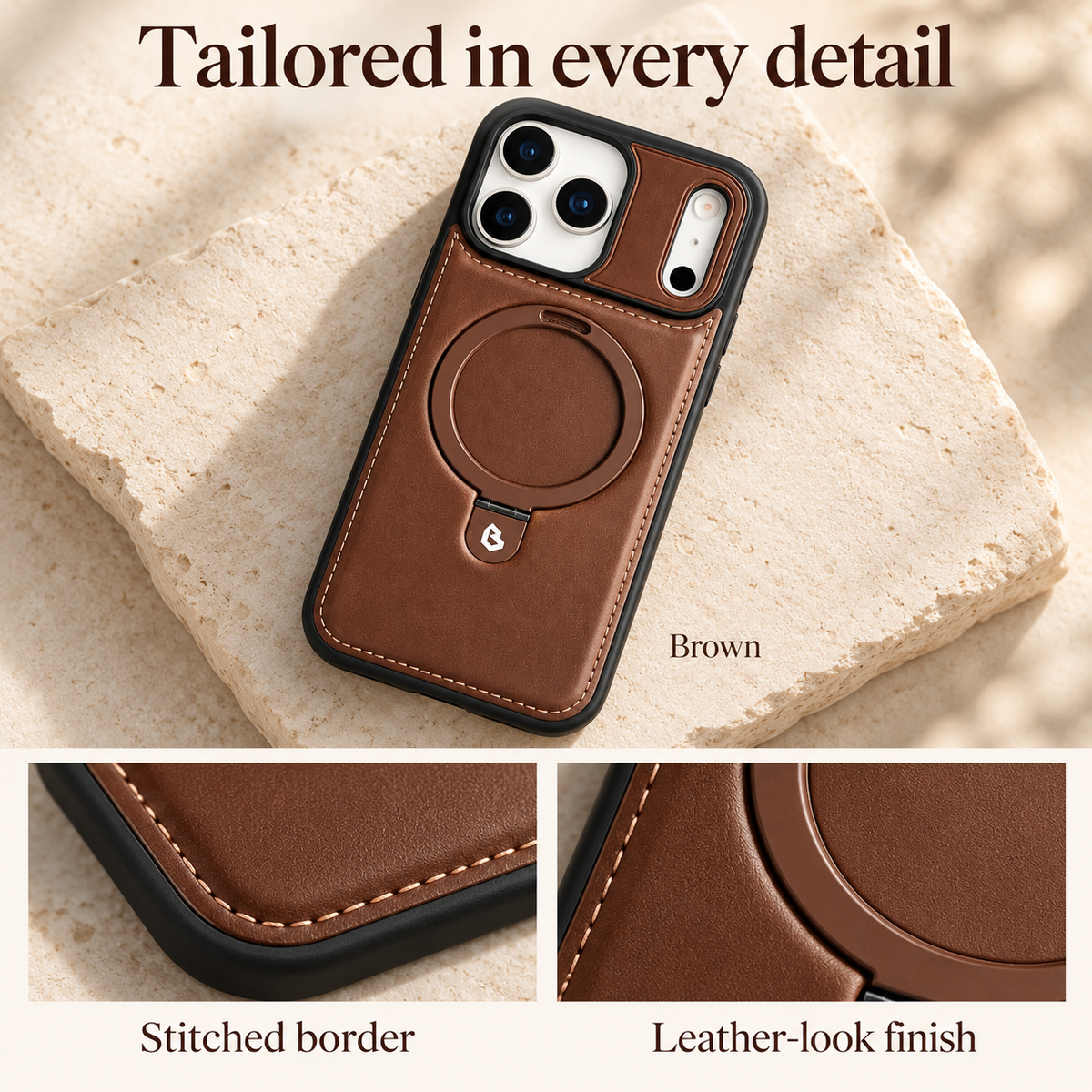 Brown stitched ring-stand case shown in full above rectangular close-ups of the stitched border and leather-look finish.