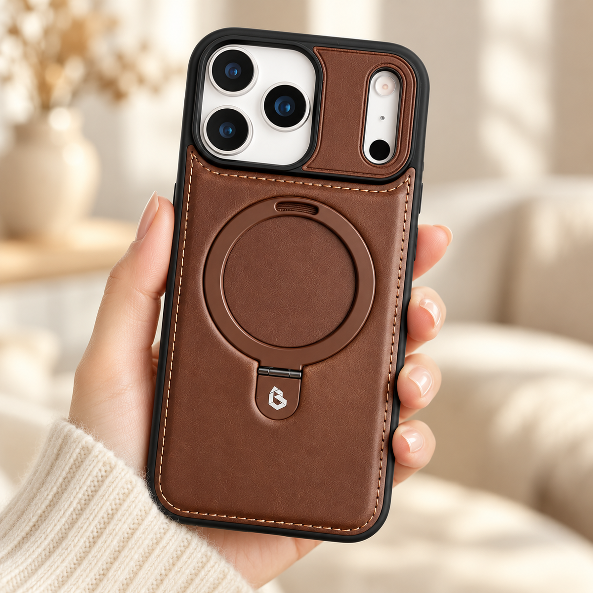 Brown stitched ring-stand iPhone case held in a hand against a softly lit cream interior.