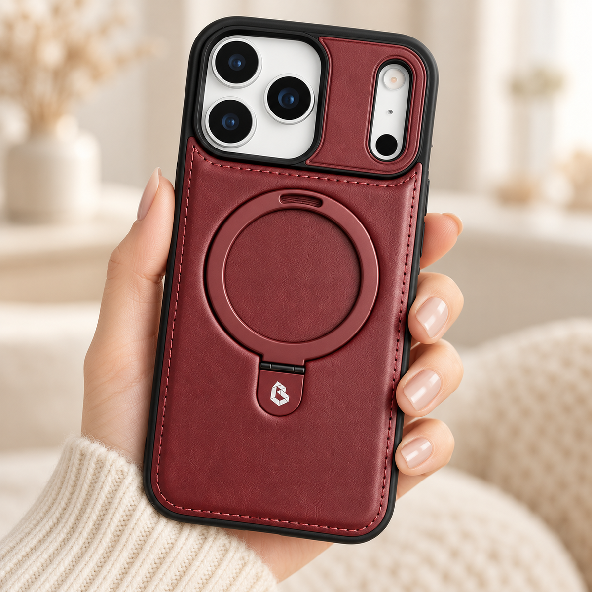 Burgundy stitched ring-stand iPhone case held in a hand against a softly lit cream interior.