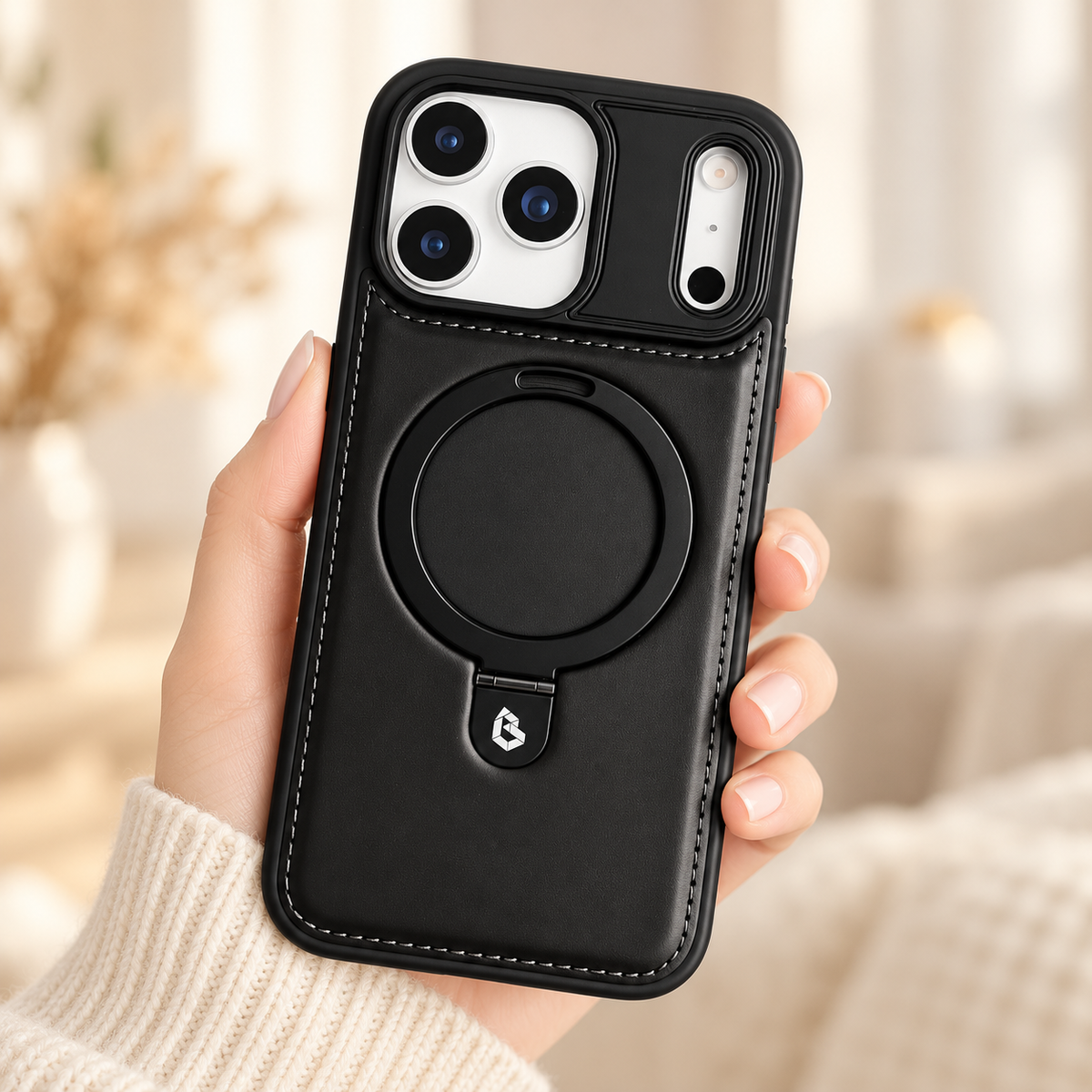 Black stitched ring-stand iPhone case held in a hand against a softly lit cream interior.