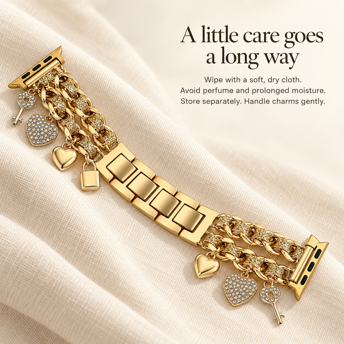 Oskar Hill Amorette Apple Watch charm band — care guide beside the charm band