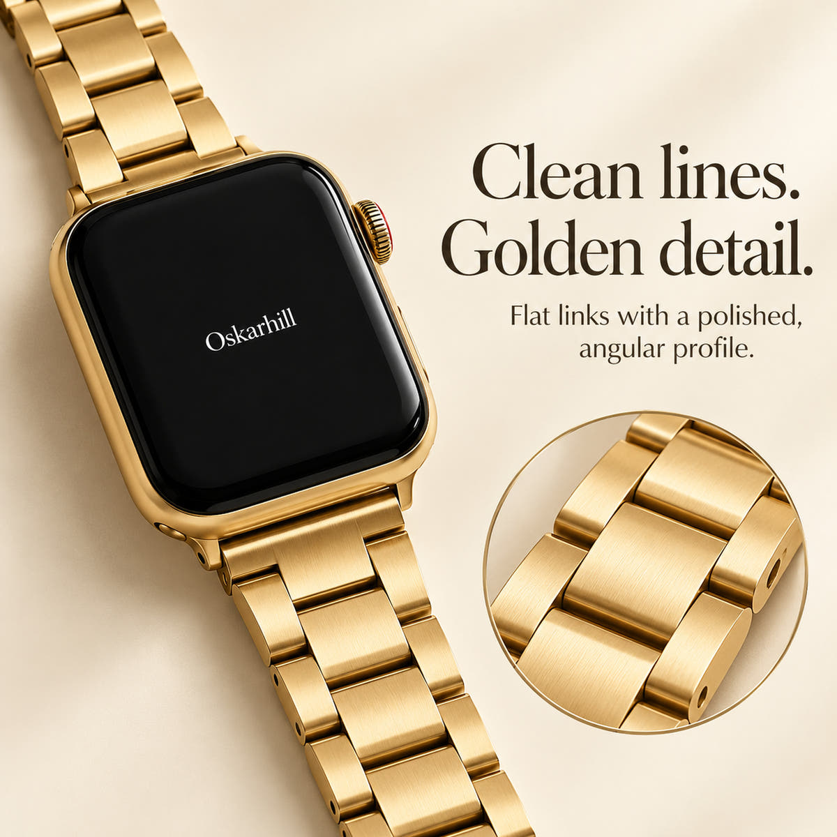 Oskar Hill Florence gold flat link Apple Watch band — signature design close-up