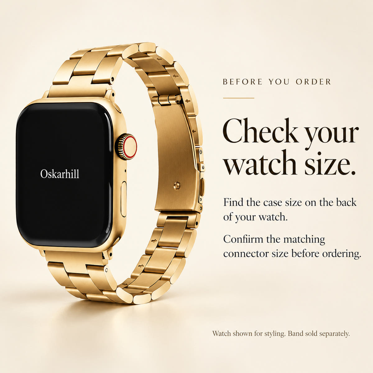 Oskar Hill Florence gold flat link Apple Watch band — case-size checking guide