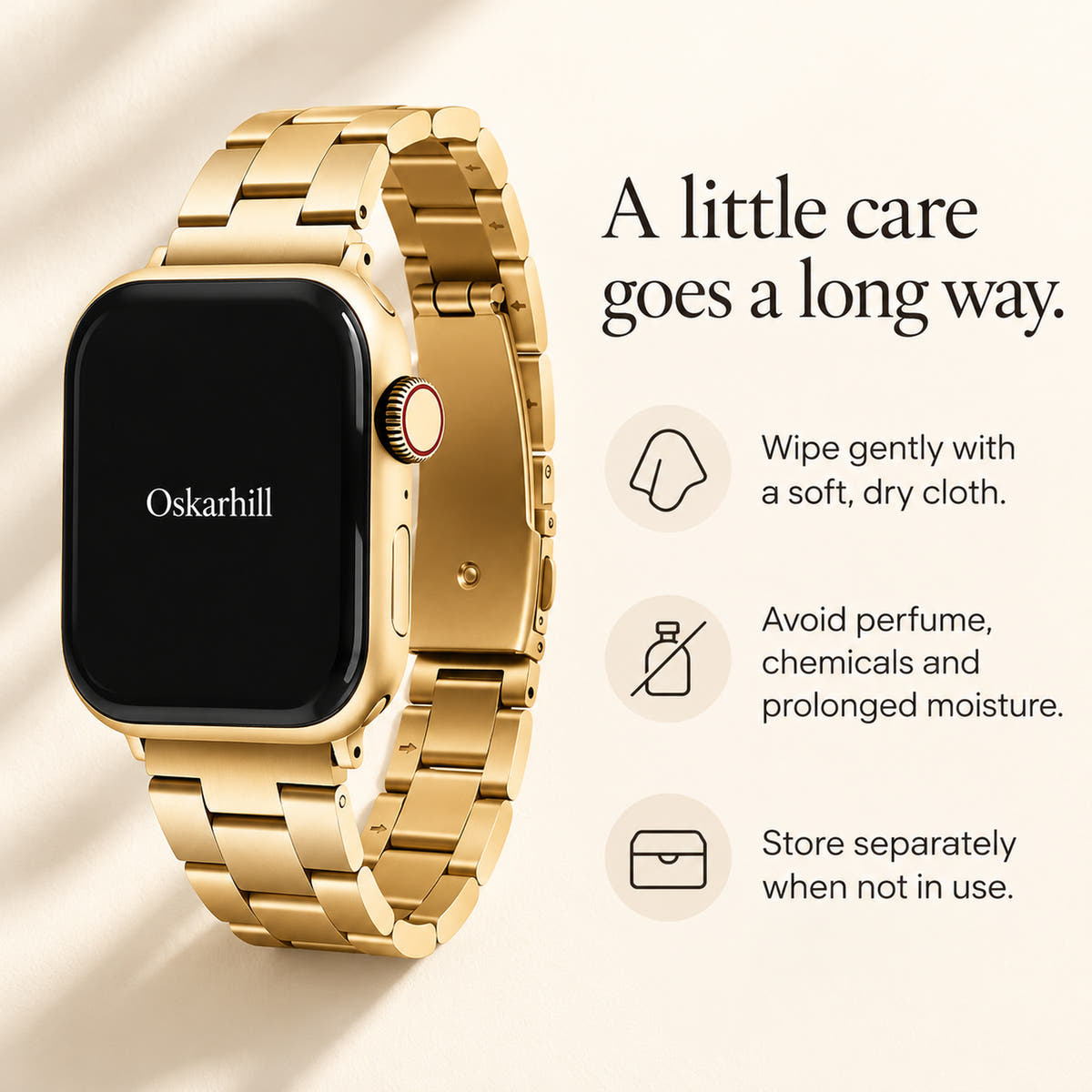 Oskar Hill Florence gold flat link Apple Watch band — band care guide