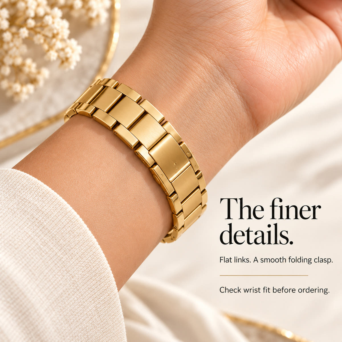 Oskar Hill Florence Gold Flat Link Apple Watch Band, feminine wrist underside showing the fastening and bracelet links