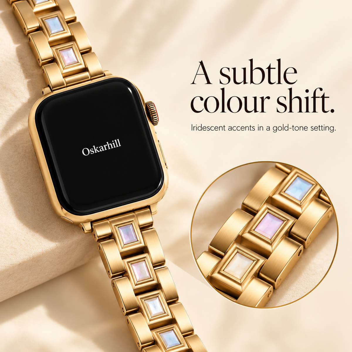 Oskar Hill Seraphine gold iridescent link Apple Watch band — signature design close-up