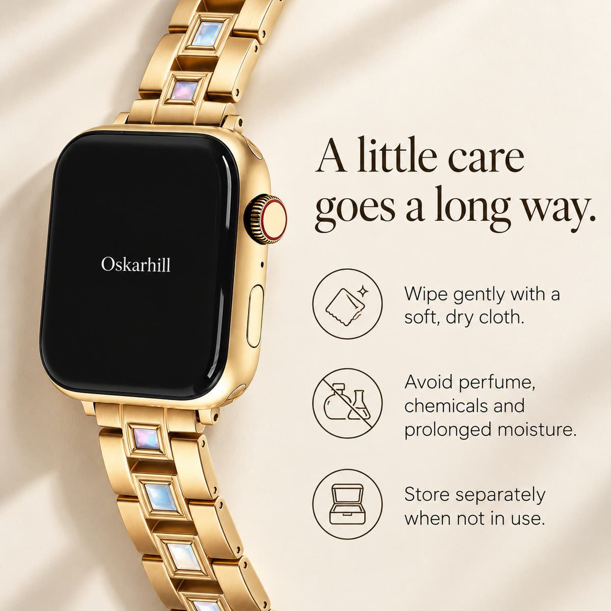 Oskar Hill Seraphine gold iridescent link Apple Watch band — band care guide