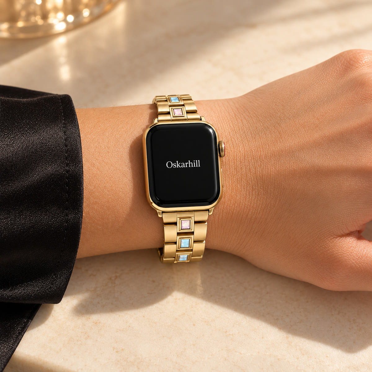 Oskar Hill Seraphine Gold Iridescent Link Apple Watch Band — evening wrist styling with correct band fit
