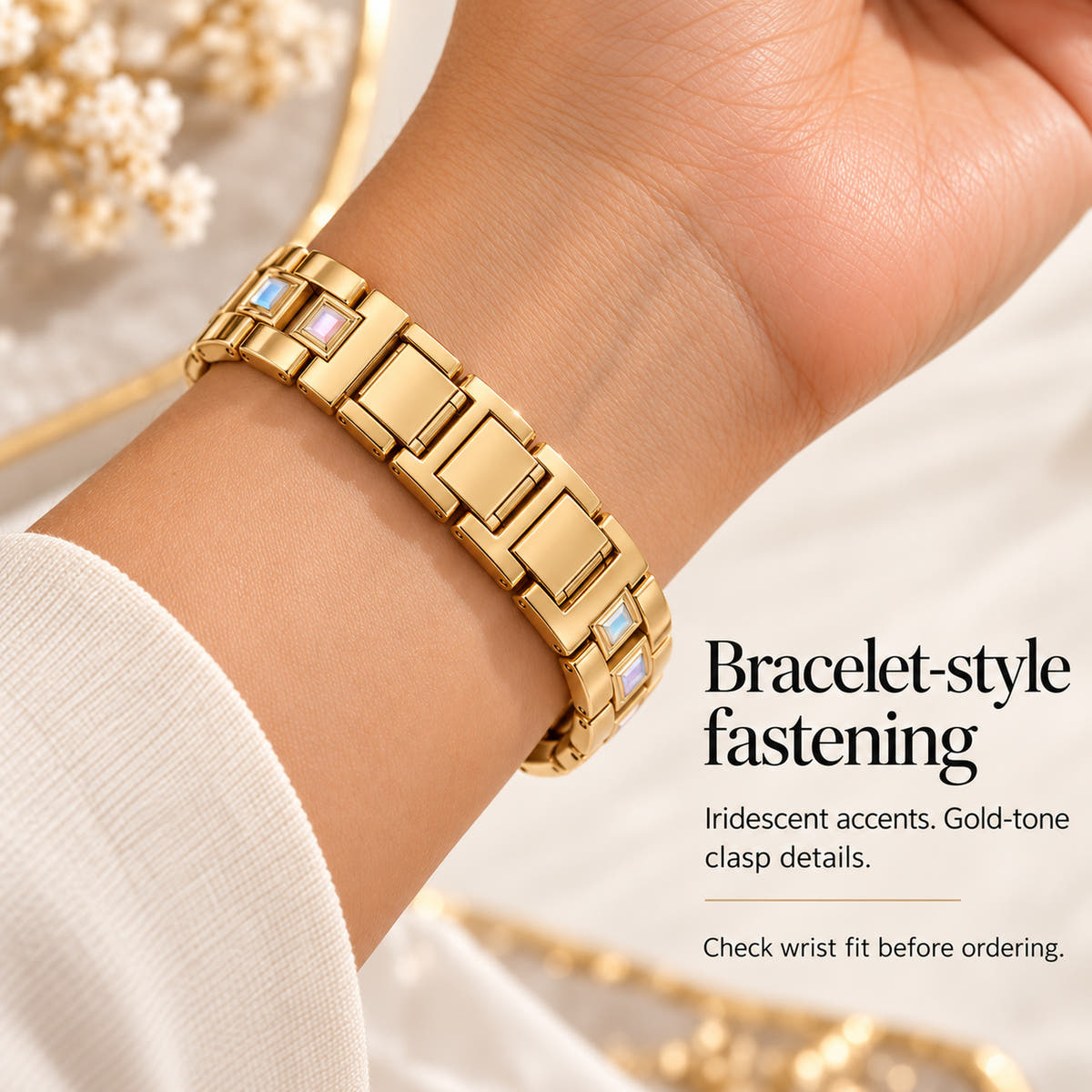 Oskar Hill Seraphine Gold Iridescent Link Apple Watch Band, feminine wrist underside showing the fastening and bracelet links