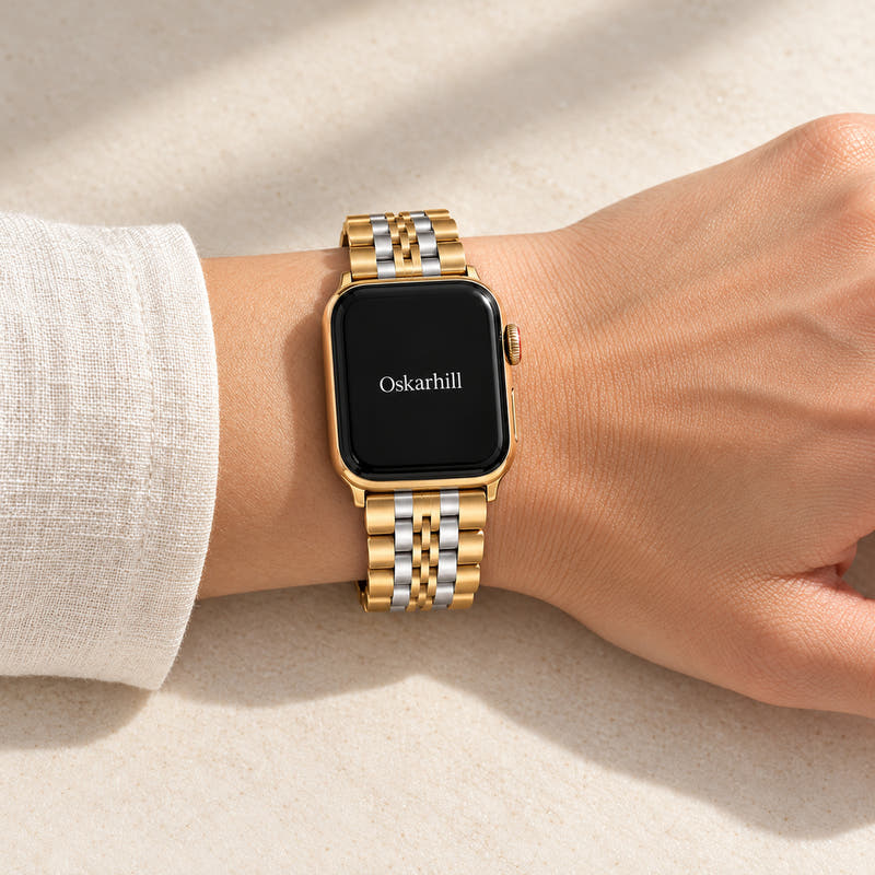 Oskar Hill Waverly Gold & Silver Multi-Link Apple Watch Band — correctly fitted band on wrist