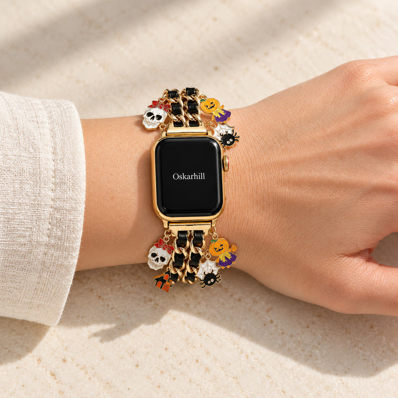 Oskar Hill Wynona Apple Watch charm band — on a feminine wrist with visible charm details