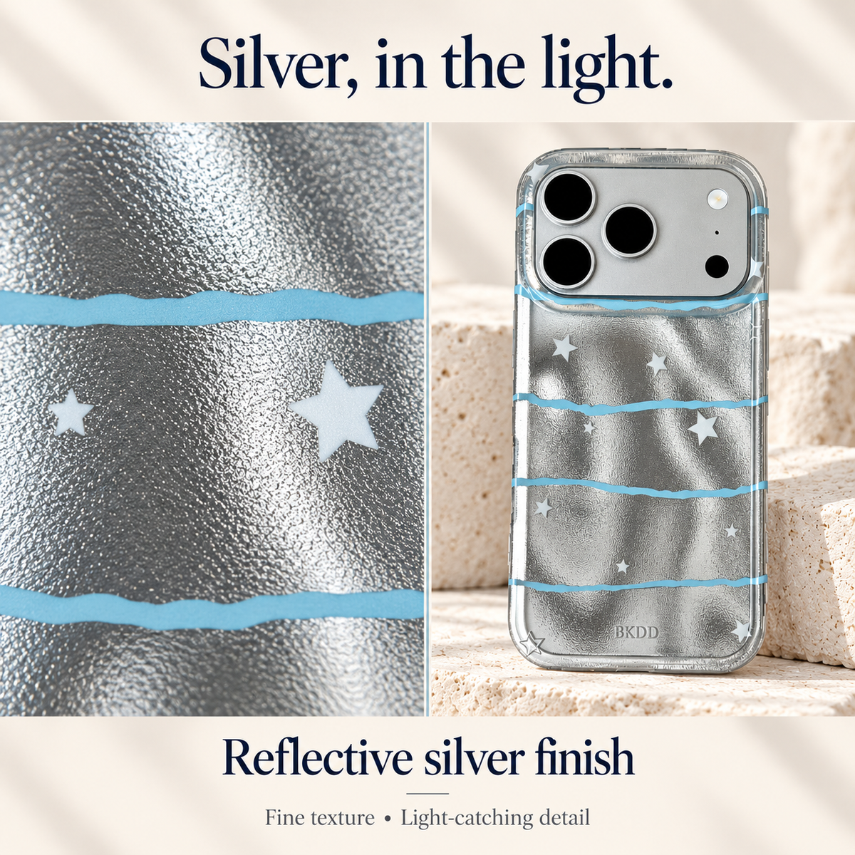 Silver Star Wave finish panel with two rectangular photographic columns: a close-up of the reflective silver print and a complete view of the case.