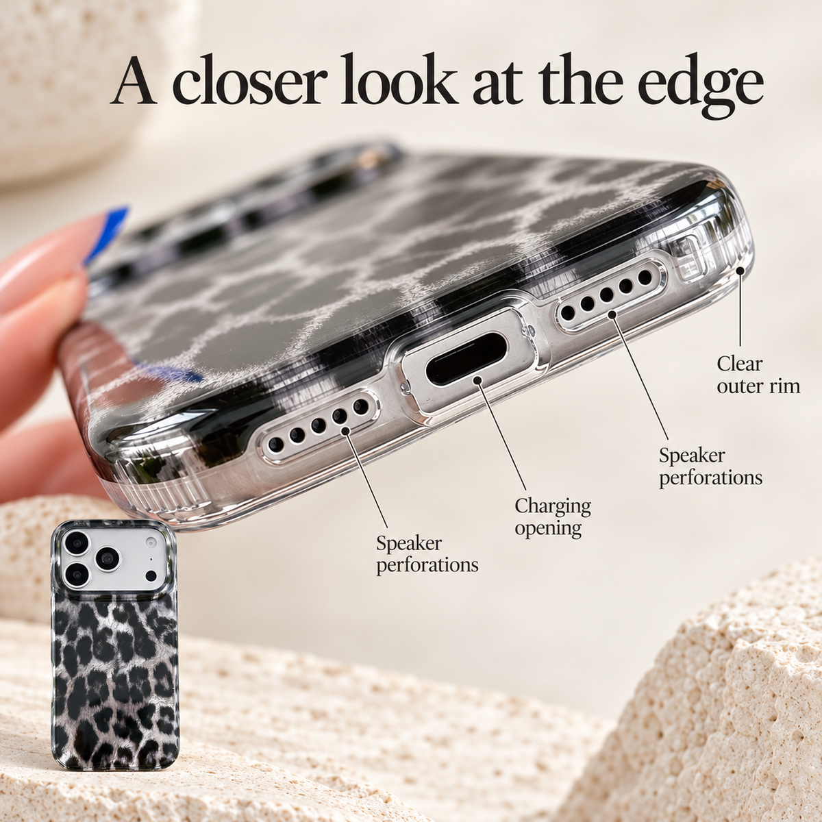 Annotated wide close-up of the case’s bottom edge with charging opening, speaker perforations and clear rim, plus a small full-case context view.