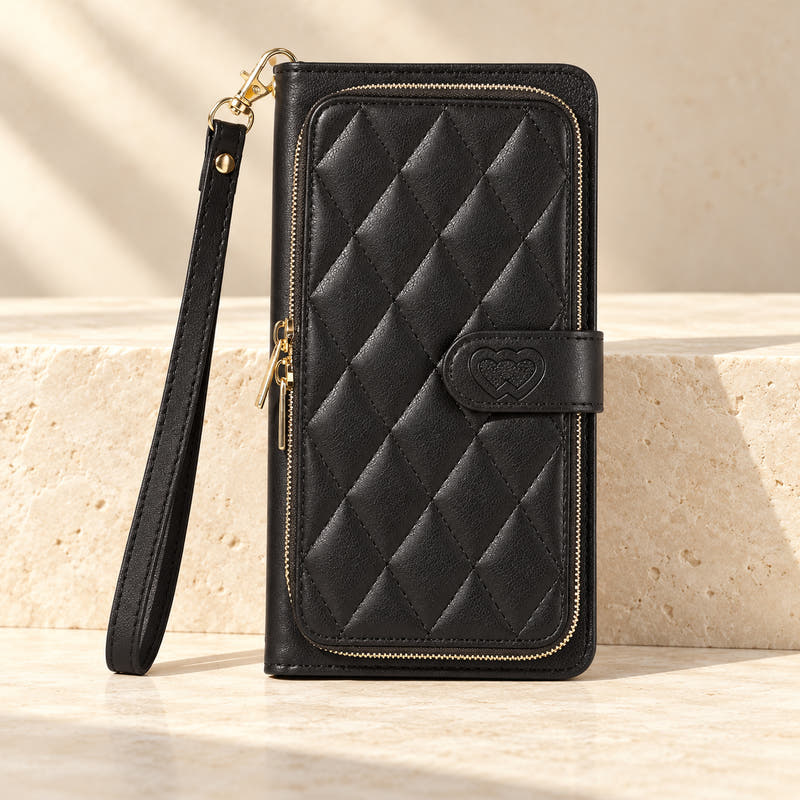 Black padded zip iPhone wallet case with quilted front and matching wrist strap