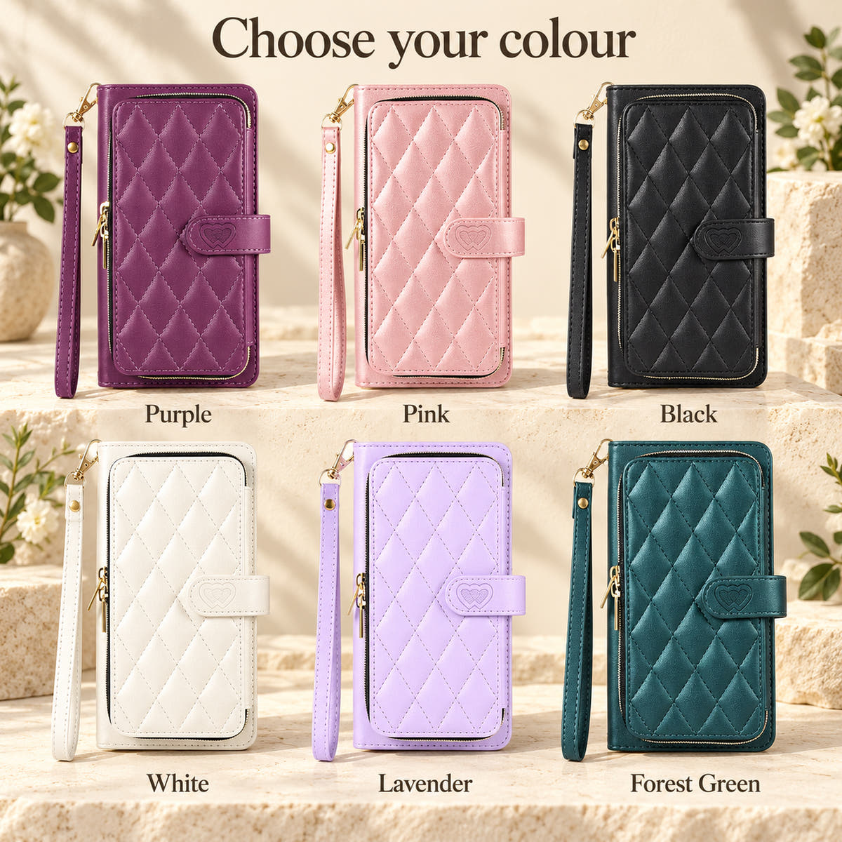 Padded zip wallet colour guide showing Purple Pink Black White Lavender and Forest Green