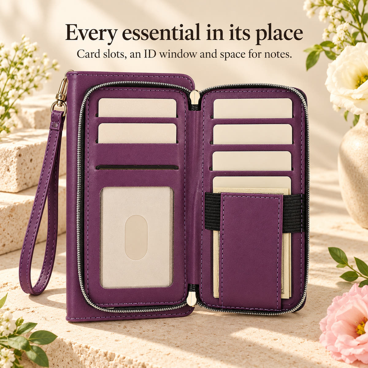 Purple zip wallet compartment feature panel with card slots ID window and note storage