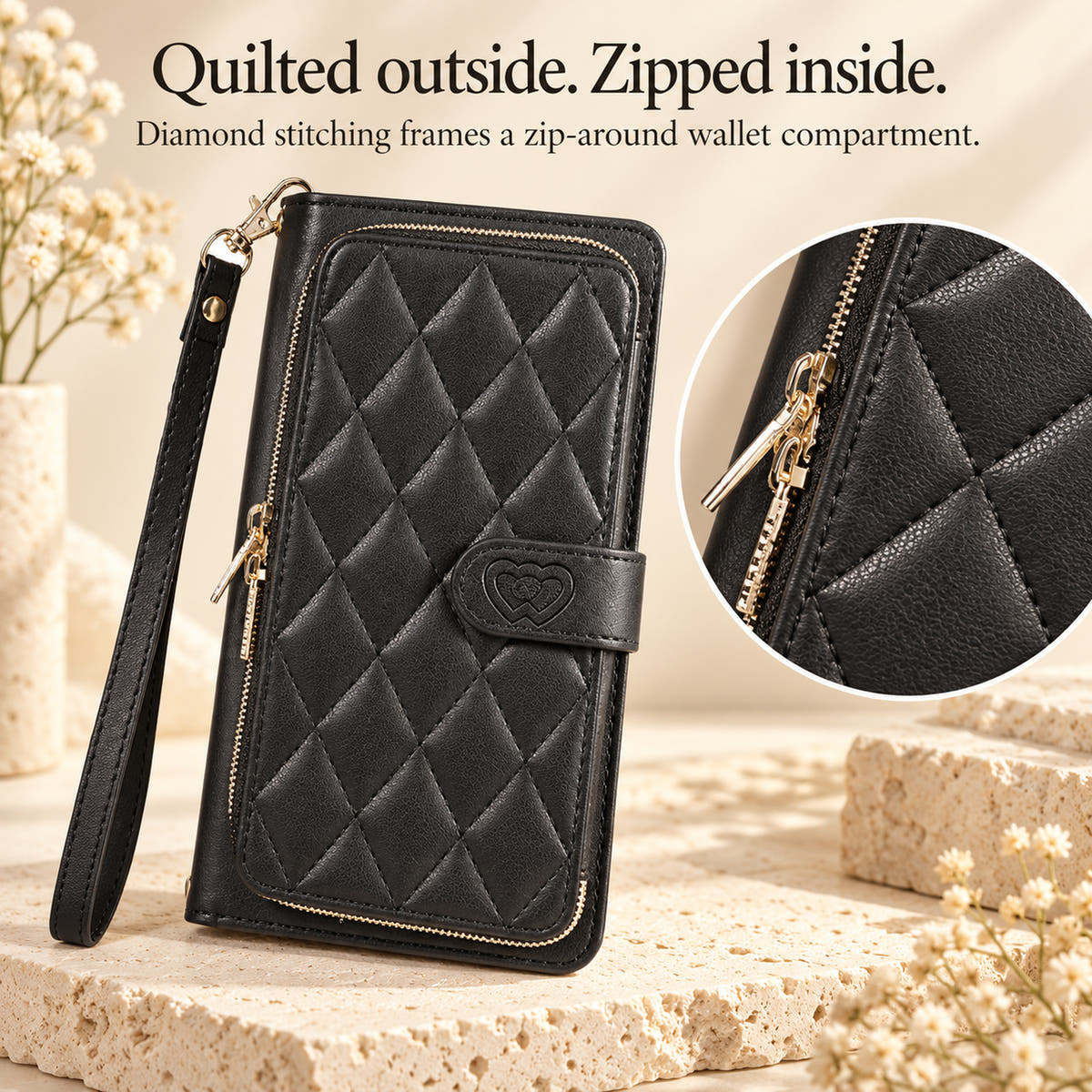 Black padded wallet feature panel highlighting diamond quilting and zip-around compartment