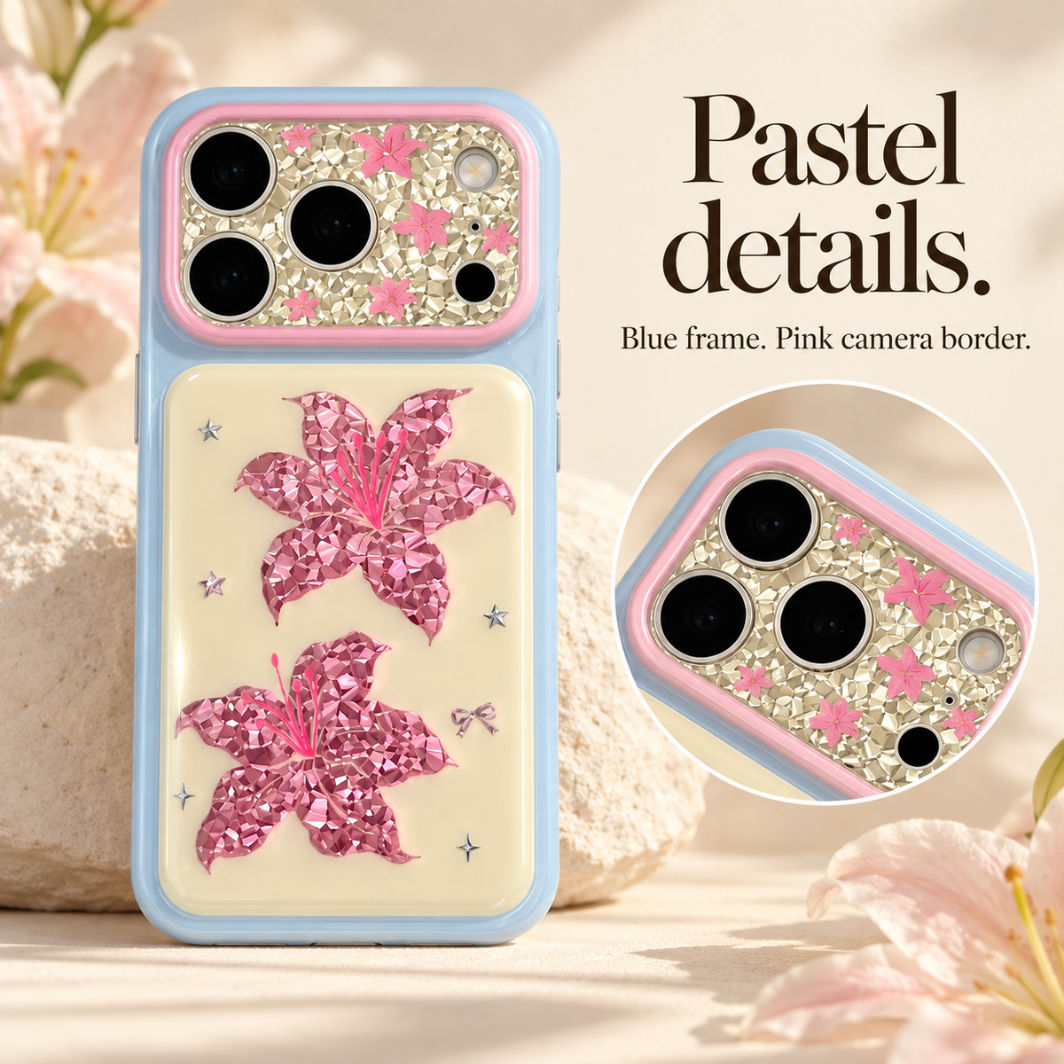 Information panel showing pastel blue frame and pink camera border