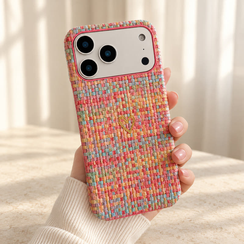Pastel Woven Heart iPhone case in Rainbow — hero showing woven fabric and gold heart