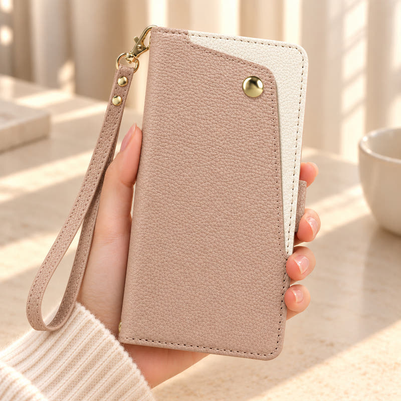 PetalLuxe Beige and cream wallet phone case held in one hand, showing the asymmetric textured cover, gold detail and matching wrist strap.